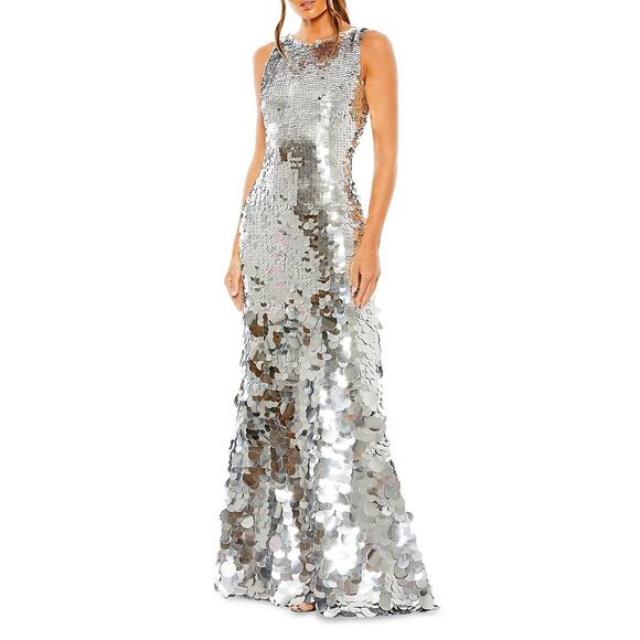 Mac Duggal Embellished Disc Sequin Sleeveless Gown Dress Silver Size 10 NWT - Picture 3 of 12